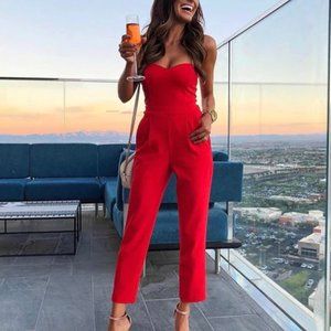 RED STRAPLESS SWEETHEART NECK JUMPSUIT